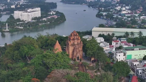 Aerial view of Po Nagar Cham Towers in nha trang city vietnam Stock Footage 312087214