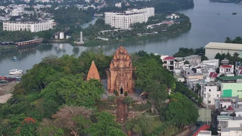 Aerial view of Po Nagar Cham Towers in nha trang city vietnam Stock Footage 312087245