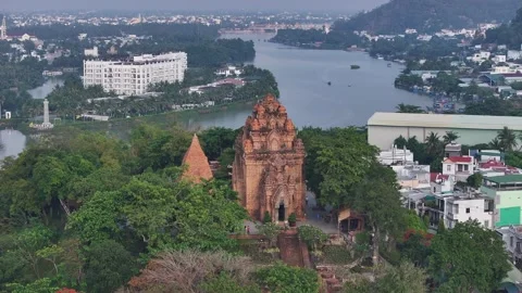Aerial view of Po Nagar Cham Towers in nha trang city vietnam Stock Footage 312087278