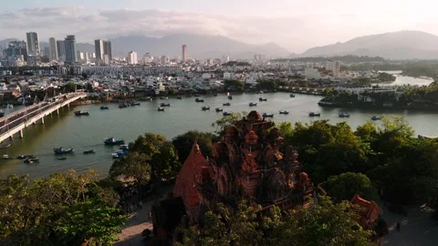 Aerial view of po nagar cham towers with nha trang cityscape in vietnam Video stock 335021622
