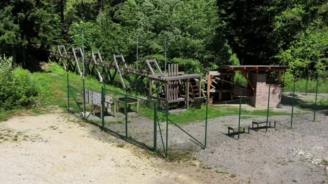 Aerial view of the Pochwerk Mining Machine in Gelnica, Slovakia Stock Footage 142655442