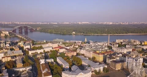 Aerial View of Podil District and Dnipro River in Kyiv, Ukraine Stockbeeldmateriaal 340542238