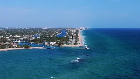Aerial view of Pompano Beach showcasing beautiful contrast between deep blue Stock Footage 274225608