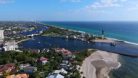 Aerial view of Pompano Beach showcasing beautiful contrast between urban Stock Footage 274393906