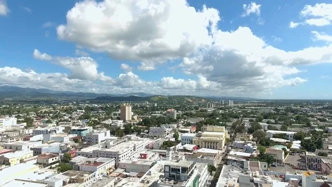 Aerial view of Ponce, PR that ends with close up of a church in the town center Stock Footage 98274601