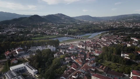 Aerial View of Ponte de Lima Historic Bridge and Lima River Stock Footage 341710519