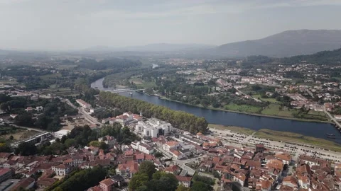 Aerial View of Ponte de Lima River Town Centre and Bridges Stock Footage 341710528