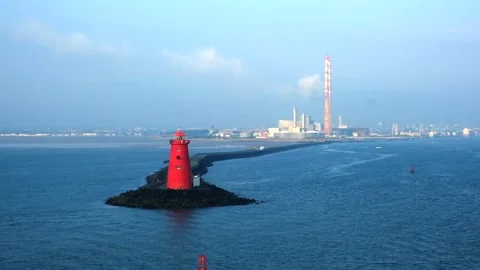 Aerial view of Poolbeg Lighthouse at Dublin, Ireland. Stock Footage 284622312