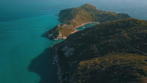 Aerial view from the popular tween beach at Corfu Island in Greece. A double Stock Footage 118072026