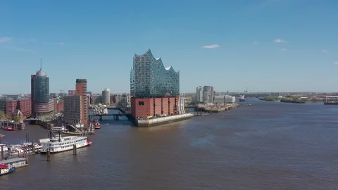 Aerial view of the port of Hamburg with Elbphilharmonie Stock Footage