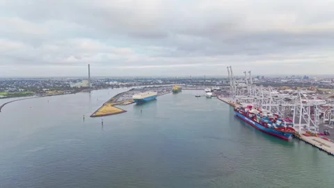 Aerial view of Port of Melbourne with container ship, vehicle carriers and .. Stock Footage 333239153