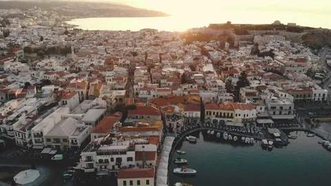Aerial View of  Port with Old Lighthouse in the city of Rethymno, Greece Stock Footage
