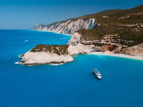Aerial view of porto katsiki beach with cruise boat people having fun Stock Photos