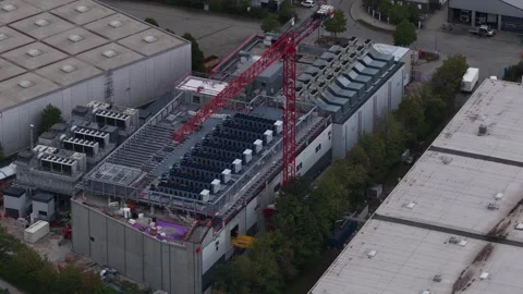 Aerial view of Portus Data Centers under construction in Munich, Germany Stock Footage 347287707