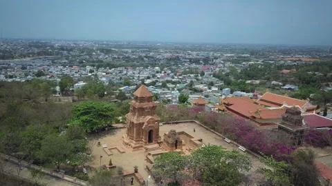 Aerial view of poshanu cham tower overlooking phan thiet city Stock Footage 329485213