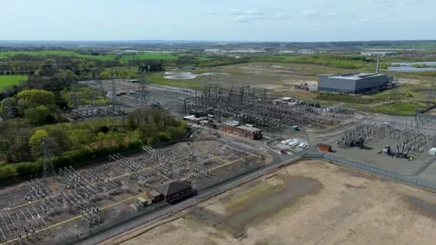 Aerial View of Power Grid Substation and Waste Incineration Plant at Drakelow Vídeo Stock 345010136