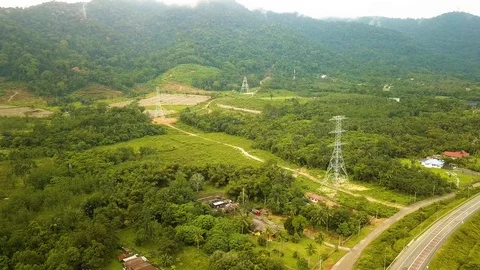 Aerial view of power lines under construction, Port Dickson,Malaysia Stock Footage 112614763