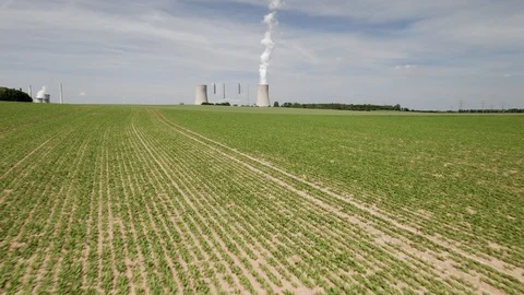 Aerial View of Power Plant and Fields in Germany Stock Footage 109030053