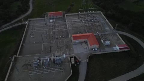 Aerial view of power plant electrical substation generating energy Stock Footage 327273302