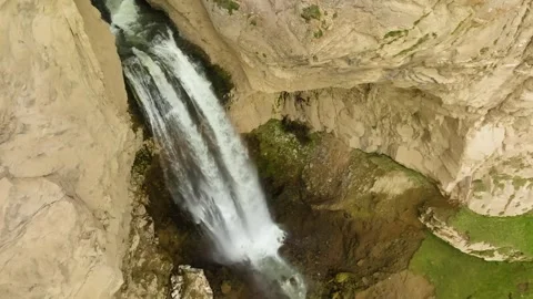 Aerial View of the Powerful Sultan Waterfall on the Kyzyl-Su River, North Caucas Stock Footage 325638339