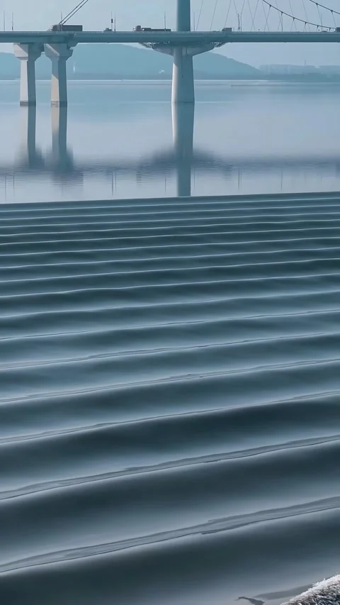 Aerial View of Powerful Tidal Bore Waves Under Modern Bridge Qiantang River Stock Footage 342599732