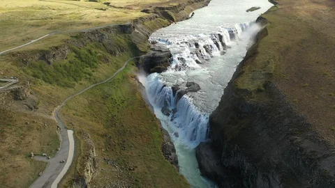 Aerial view of powerful waterfall Gullfoss, famous Golden circle, Iceland Stock Footage 120472807