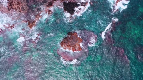 Aerial view of powerful waves crashing coastline of Jeju Island, South Korea Stock Footage 296564064