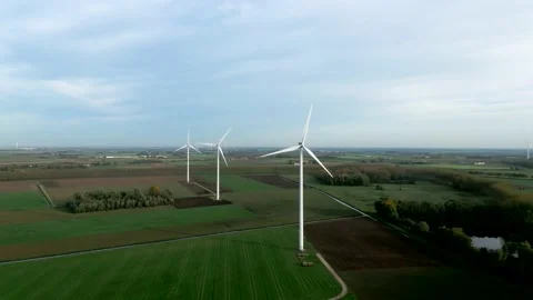 Aerial view of powerful Wind turbine farm for energy production Stock Footage 220103063