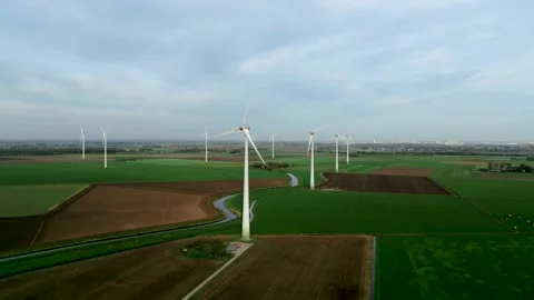 Aerial view of powerful Wind turbine farm for clean energy Stock Footage 220103687