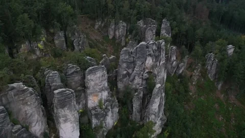 Aerial view of Prachov Cliffs sandstone rock formations, Czechia. Stock Footage 341949201