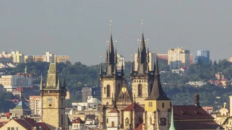 Aerial view of Prague panorama. Camera panning and zooming. Stock Footage 54984278