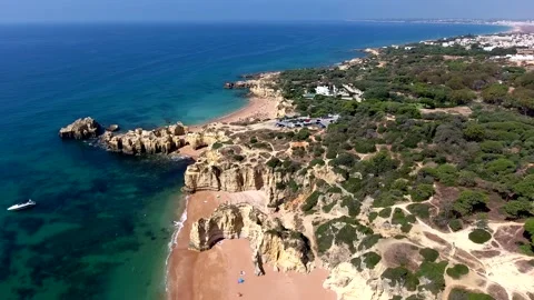 Aerial view of Praia do Castelo beach, Albufeira, Algarve, Portugal Stock Footage 151989017
