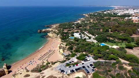 Aerial view of Praia do Castelo beach, Albufeira, Algarve, Portugal Stock Footage 152002246