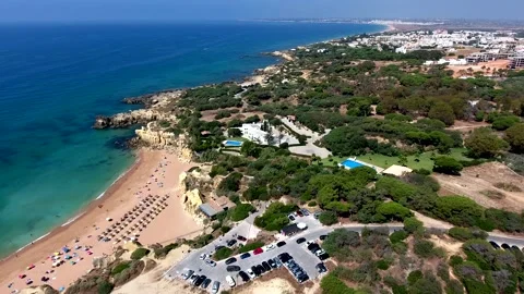 Aerial view of Praia do Castelo beach, Albufeira, Algarve, Portugal Stock Footage 152006375