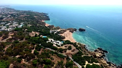 Aerial view of Praia do Castelo beach, Albufeira, Algarve, Portugal Stock Footage 152011356