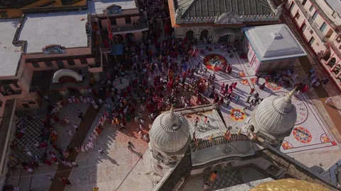 Aerial View of Prannath Ji Temple During Phoolon Ki Holi Panna Madhya Pradesh Stock Footage 347432853