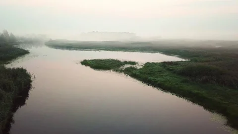 Aerial view of pre-dawn mist over swampy terrain Stock Footage 119393447
