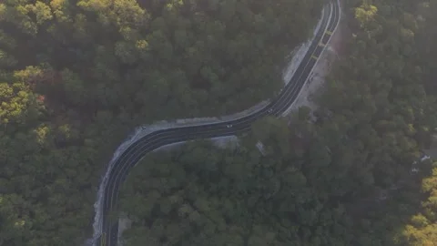 Aerial view Pren mountain pass with road through pine forest Stock Footage 265930645