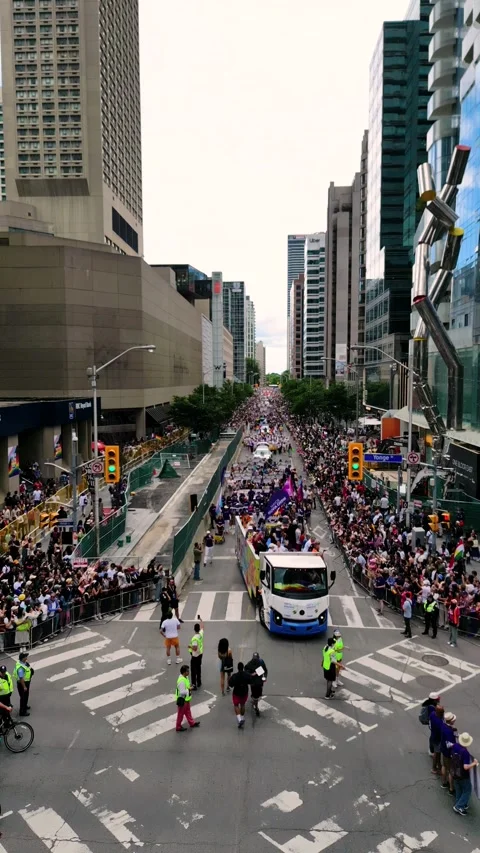 Aerial View of Pride Parade Crowd Filling Downtown Toronto Street Stock-Footage 332018133