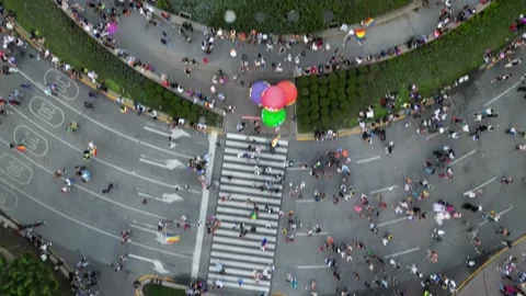 Aerial View of Pride Parade Marching Down City Street with Flags 스톡 동영상 337052936