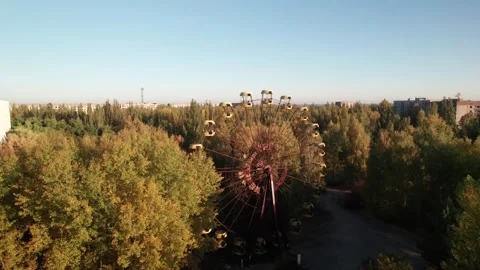 Aerial view of Pripyat Ferris wheel in Ukraine. Stock Footage 345080041