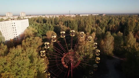 Aerial view of Pripyat Ferris wheel in Ukraine. Stock Footage 345080048