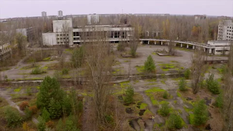 Aerial view of Pripyat ghost town in the Chernobyl exclusion zone Stock Footage 332831495