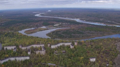 Aerial view of Pripyat town. The ghost town after the Chernobyl disaster Stock Footage 100128692