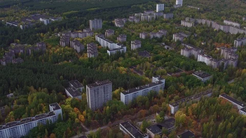 Aerial view of Pripyat town. The ghost town after the Chernobyl disaster Stock Footage 100141921