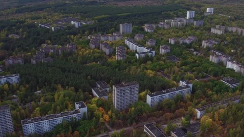 Aerial view of Pripyat town. The ghost town after the Chernobyl disaster Stock Footage 100142174