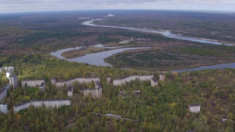 Aerial view of Pripyat town. The ghost town after the Chernobyl disaster Stock Footage 100142333