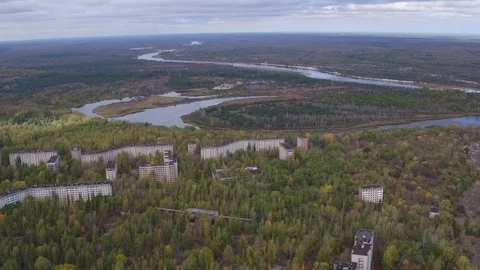 Aerial view of Pripyat town. The ghost town after the Chernobyl disaster Stock Footage 100142474