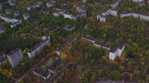 Aerial view of Pripyat town. The ghost town after the Chernobyl disaster Stock Footage 100144915