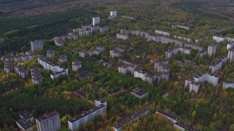 Aerial view of Pripyat town. The ghost town after the Chernobyl disaster Stock Footage 100145451